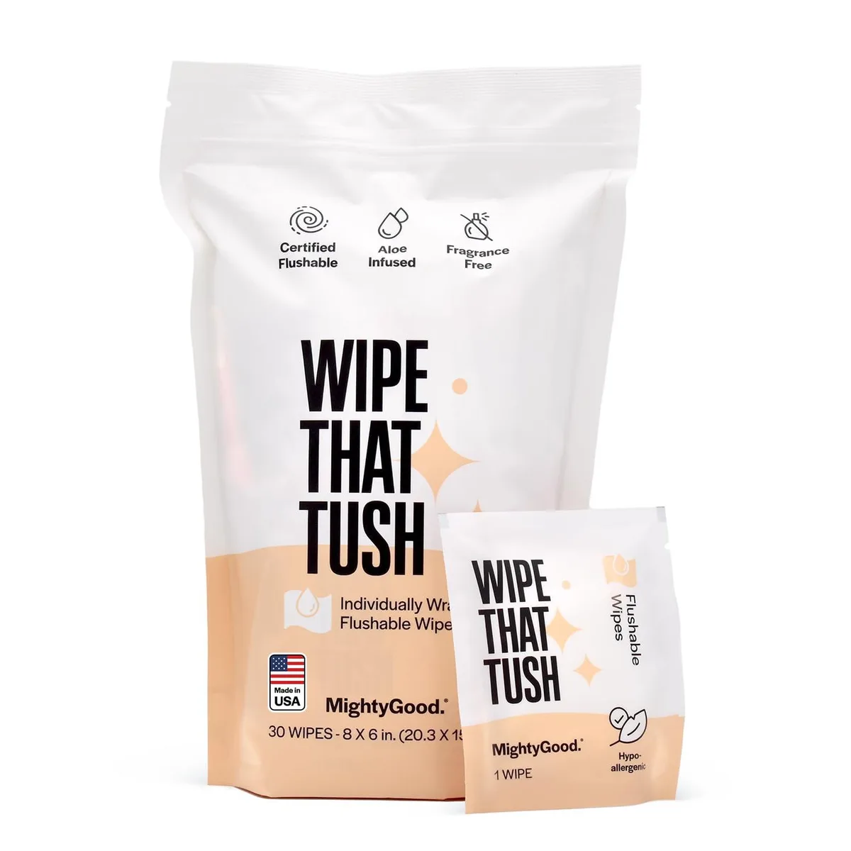 White rectangular pack of 30 individually wrapped flushable wipes