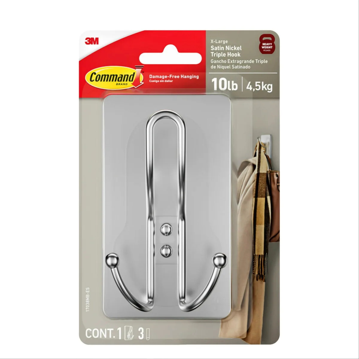 One large satin nickel triple hook with three adhesive strips