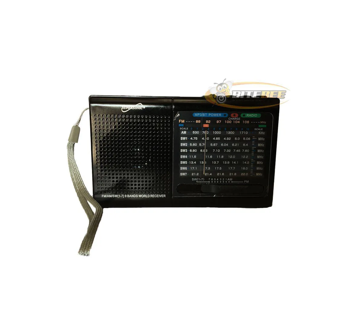Black portable radio with carry handle and front speaker grille