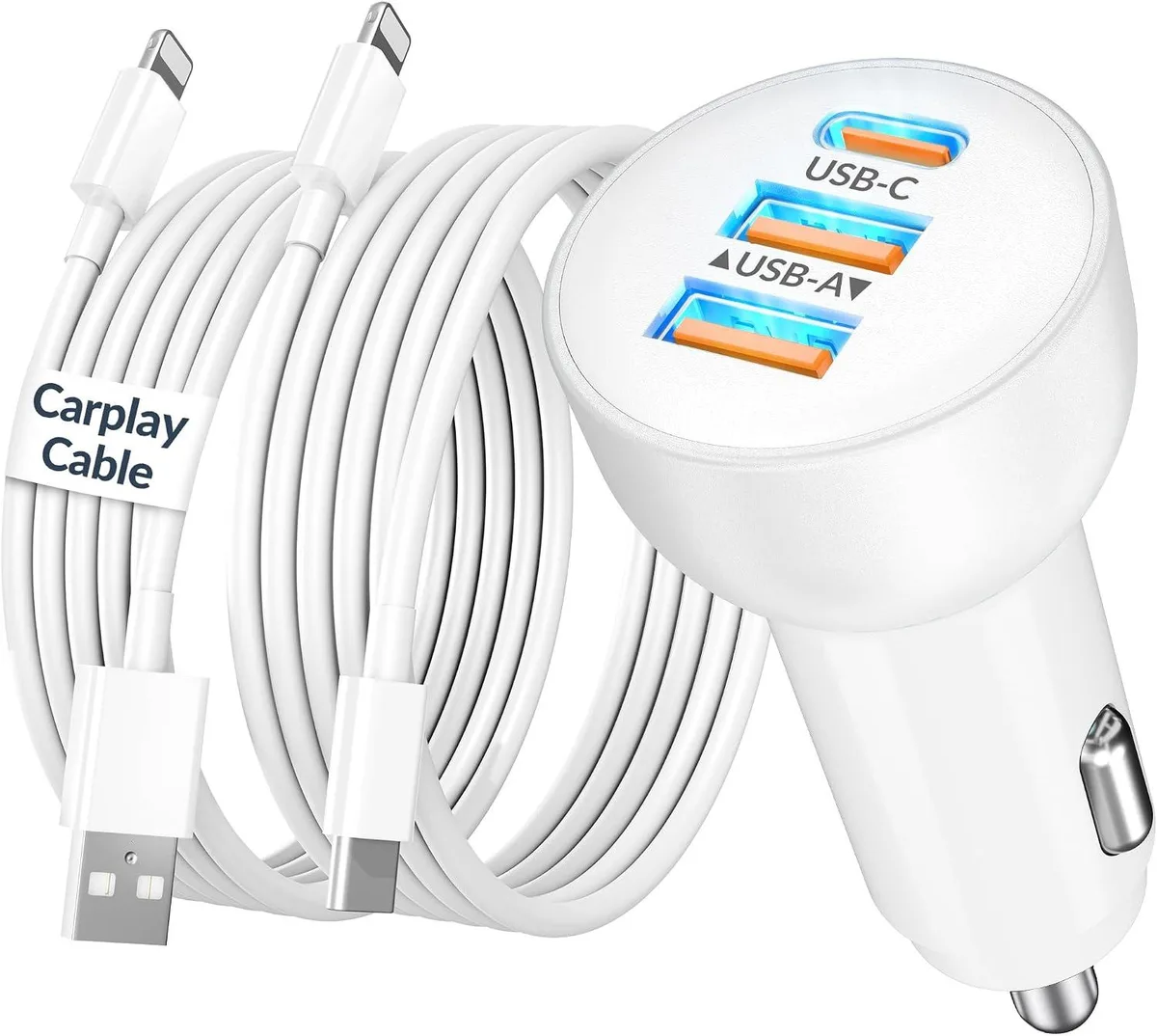 Hamzan Hamzan 3-Port 70W Car Charger with 2Pack USB Carplay &amp; Lightning Cables — product photo