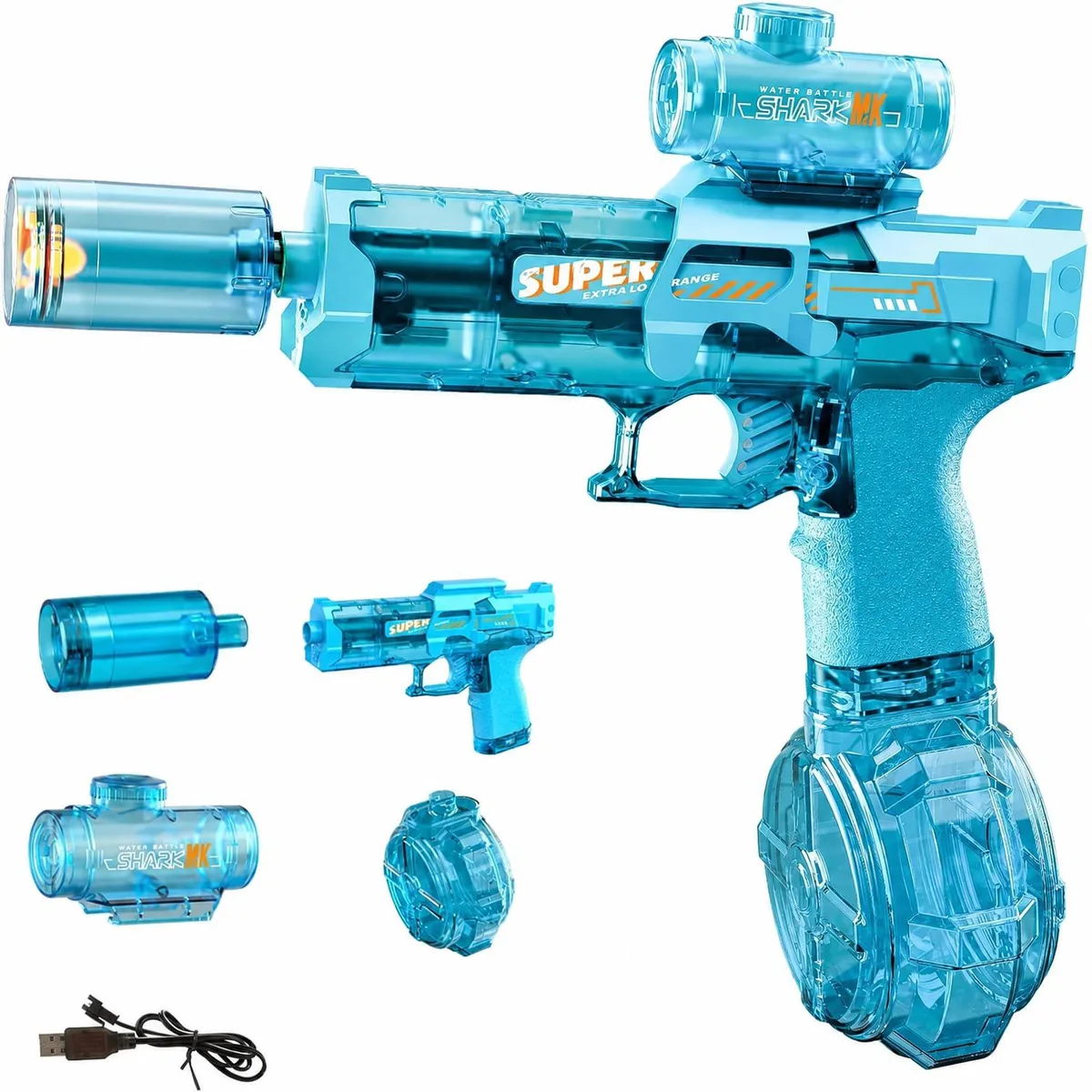 Transparent blue automatic water gun with LED nozzle light and moving rear mechanism