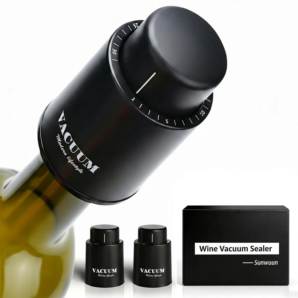 Two black vacuum wine stoppers with pump buttons and date dials, 2½ inches tall
