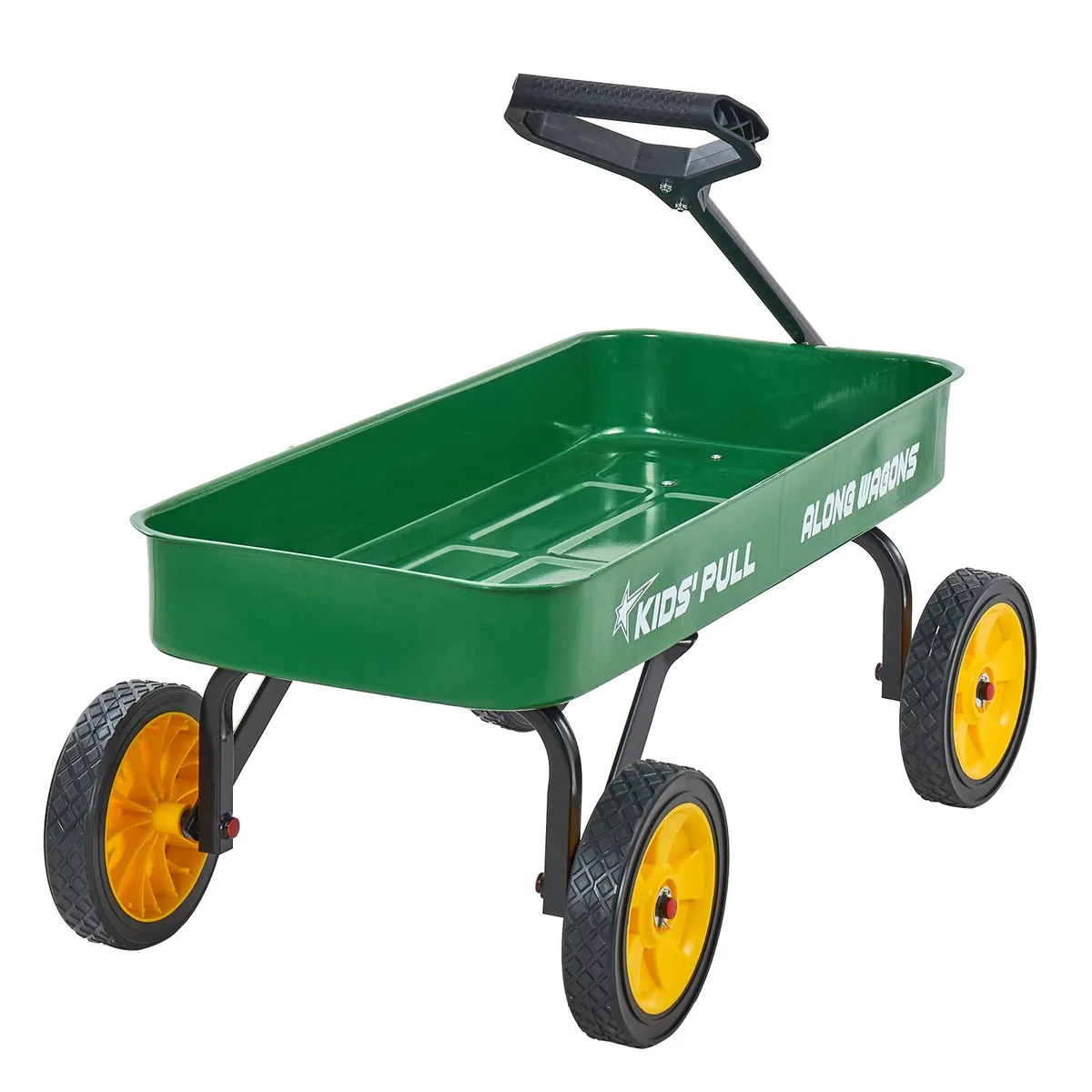 Green metal pull-along wagon with four 8-inch plastic wheels and a long handle