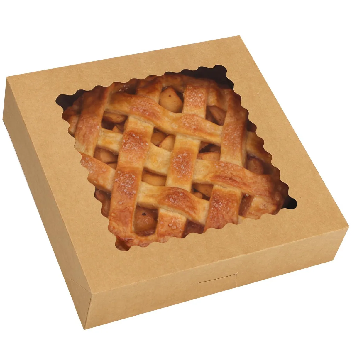 Five brown kraft square boxes with clear top windows, 10 by 10 by 2.5 inches