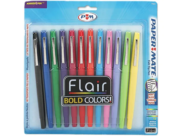 Twelve Paper Mate Flair porous-point pens with point guards, assorted colours