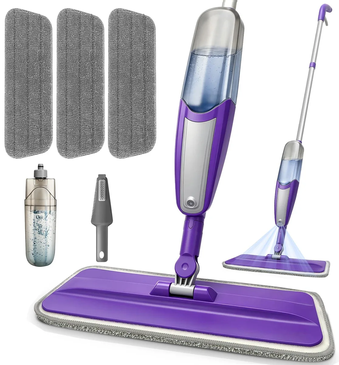 White 3M spray mop with 46 in pole, 500 ml bottle, 360° head, three pads