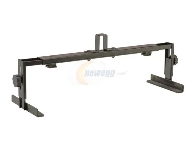Black adjustable metal bracket with padded arms for mounting AV components under a TV wall mount