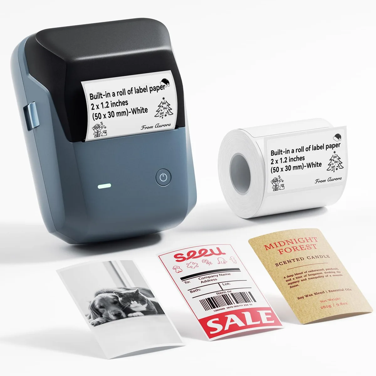 Compact blue label printer with retro ABS finish, built-in cutter and Bluetooth pairing