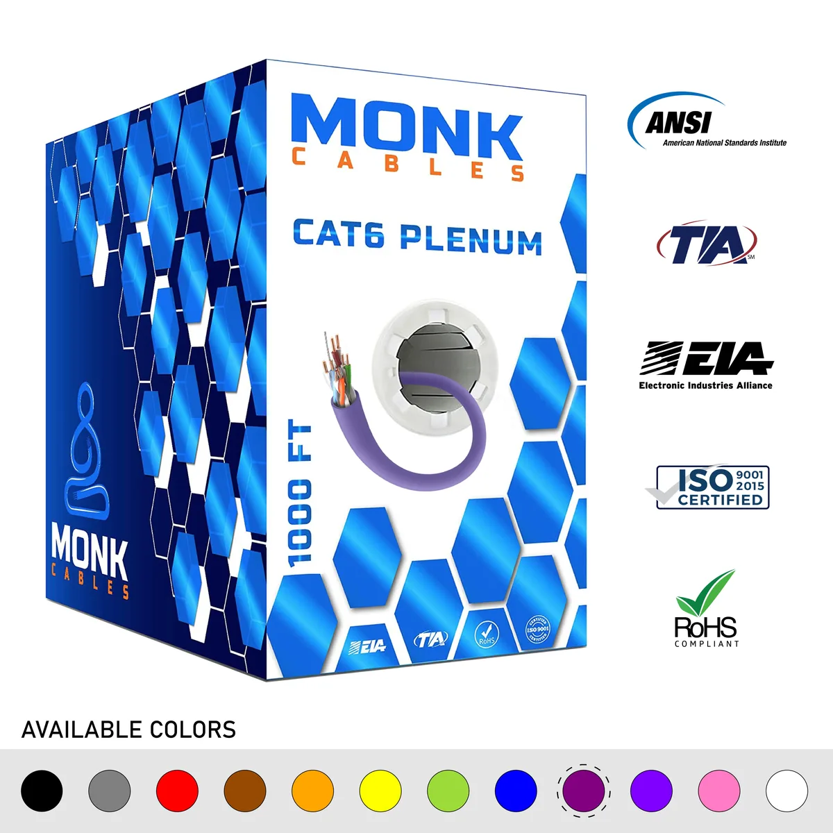 Monk Cables Monk Cables CAT6 Plenum 1000ft 23AWG 550MHz UTP Purple network ethernet cable — product photo