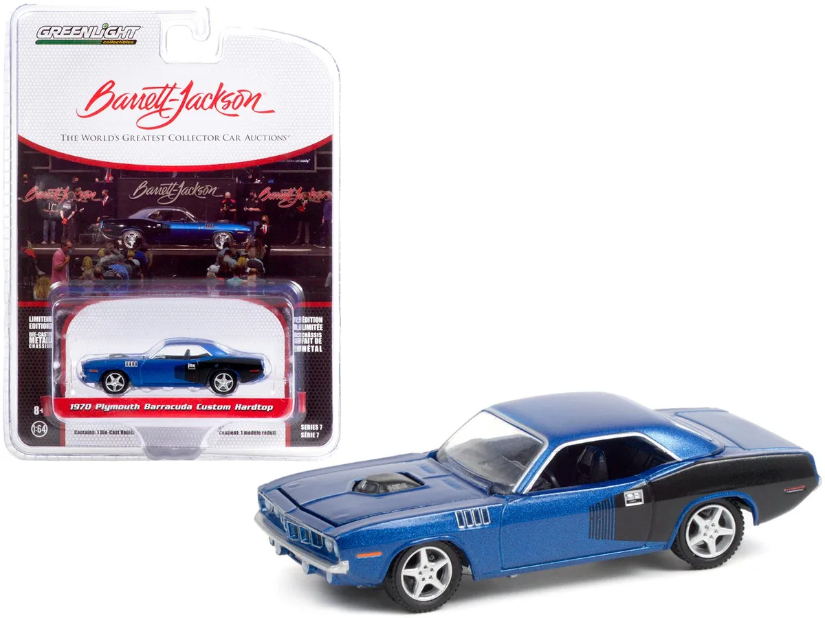 GREENLIGHT GREENLIGHT 1970 Plymouth Barracuda 1/64 Blue Metallic Black HEMI Barrett Jackson Lot 720 — product photo
