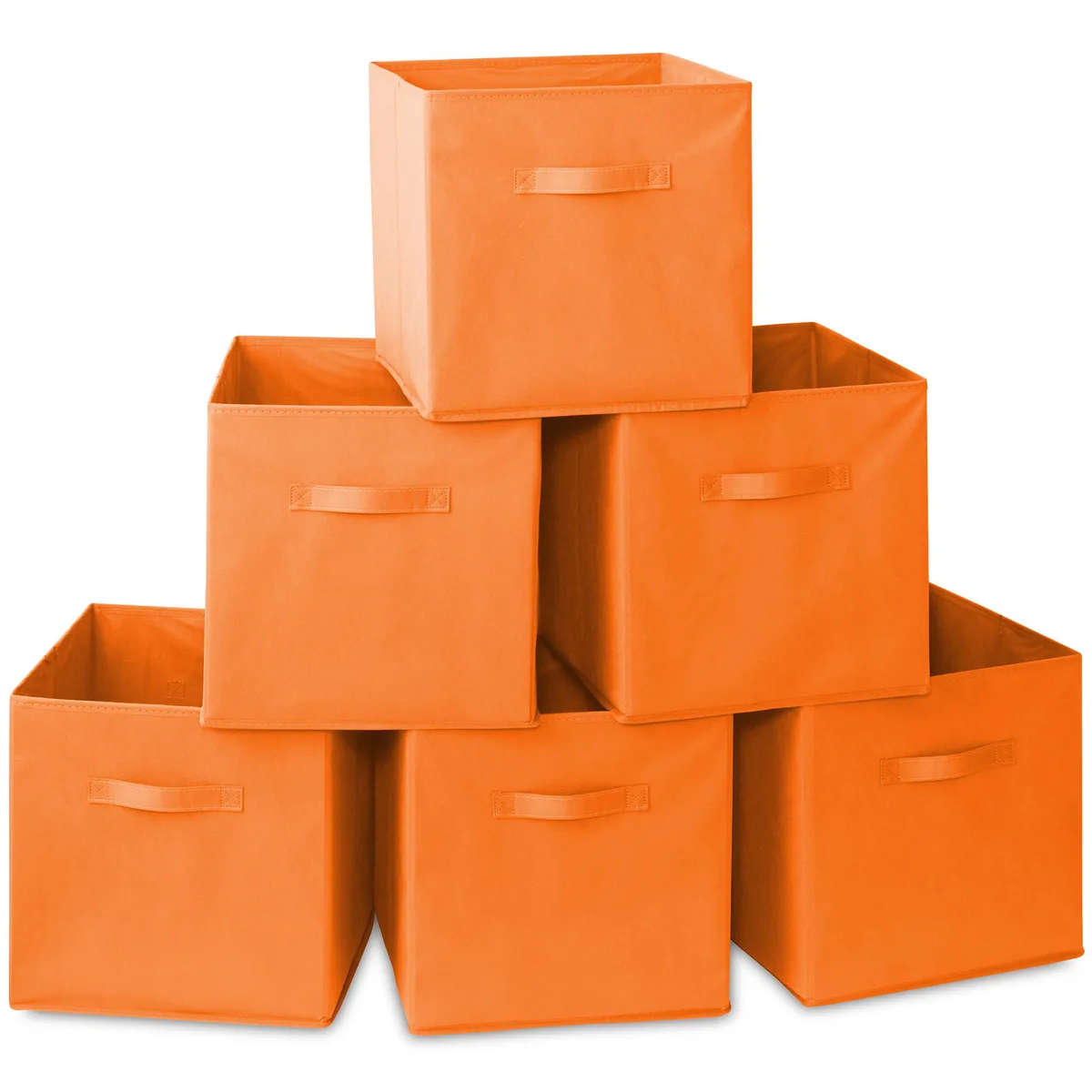 Six orange fabric storage cubes, 13-inch cubes, collapsible with side handles