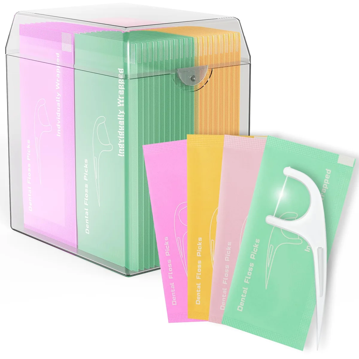 A clear case holding 52 pink floss picks, individually wrapped