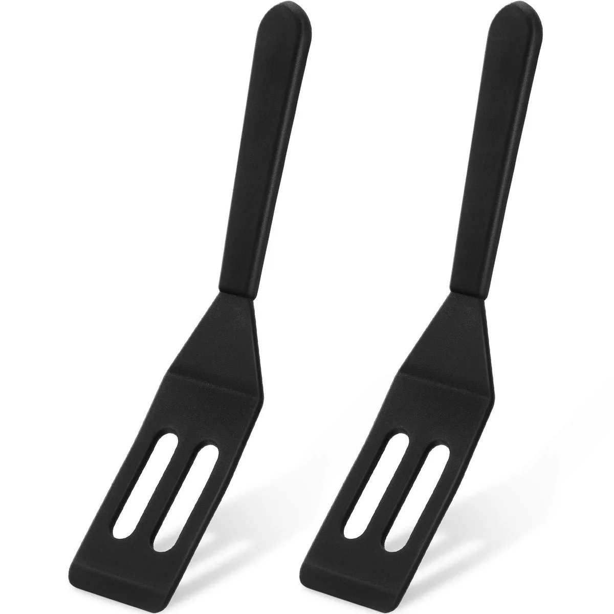 Two black silicone mini brownie spatulas with slotted heads and hanging holes