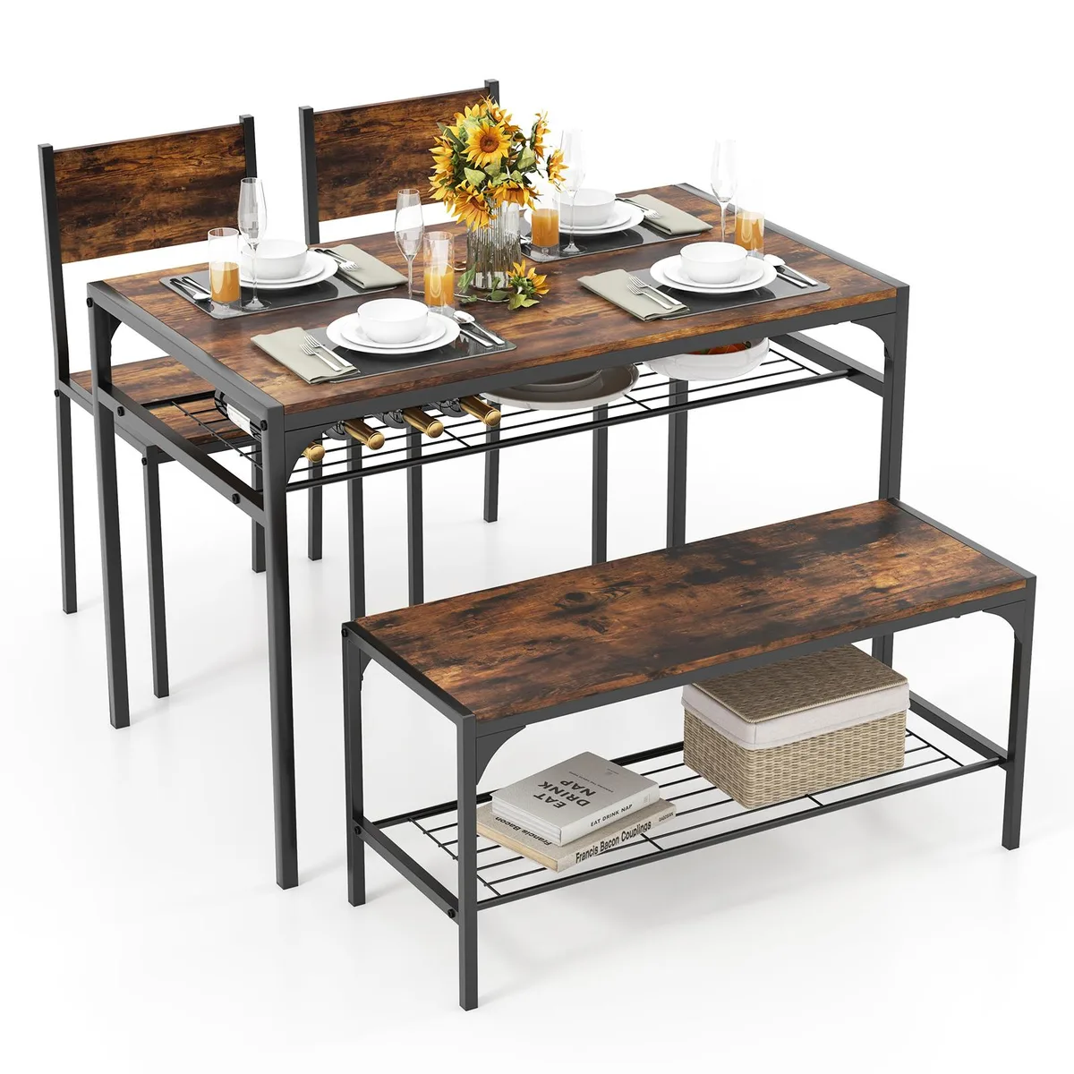 SlickBlue SlickBlue 4-Piece Industrial Dining Set Rustic Brown 43" Table 38" Bench — product photo