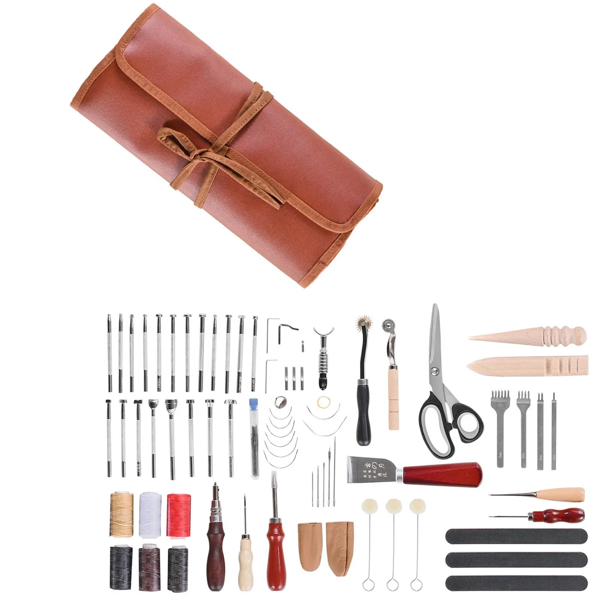 Open leather storage bag showing 72-piece tool kit with metal stamps, wooden handles, needles and waxed thread
