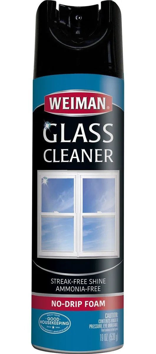 A 19 ounce aerosol can with a vanilla scent foam glass cleaner