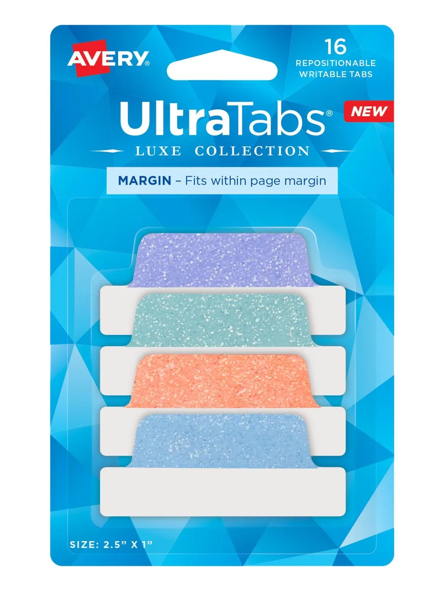 Avery 74150 Ultra Tabs pastel sparkle shimmer 16 count holographic jewel tones square tabs with gold glitter