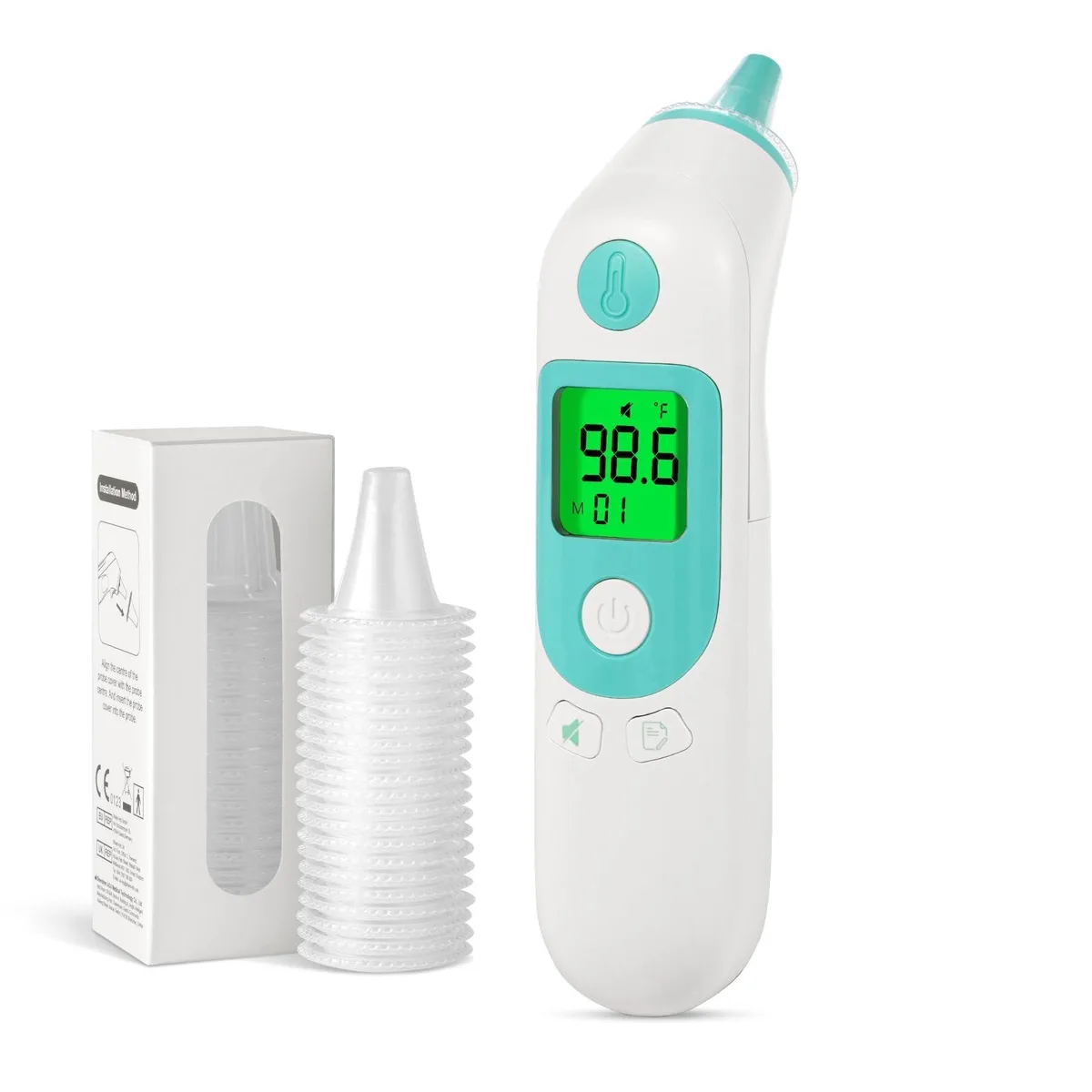 White digital ear thermometer with display and probe cover