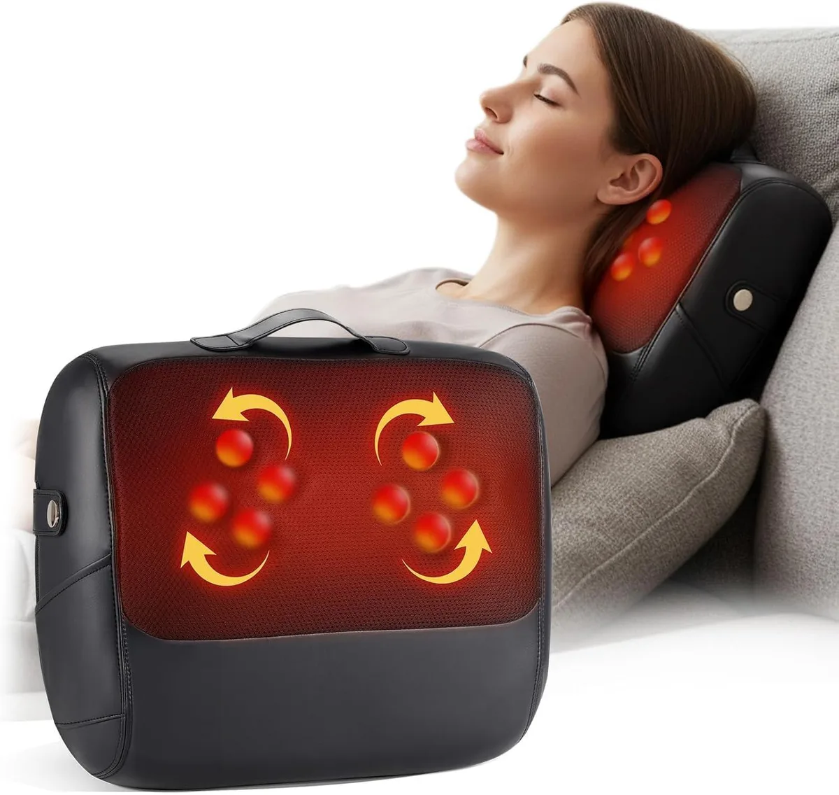 Blue rectangular massage cushion with leather finish and visible kneading nodes