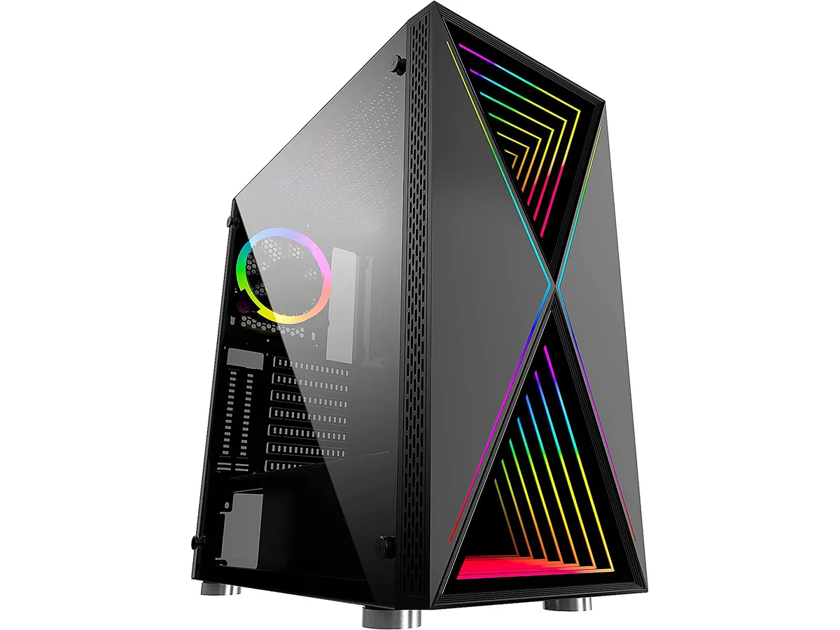 Black ATX tower case with tempered glass side panel and three included ARGB fans