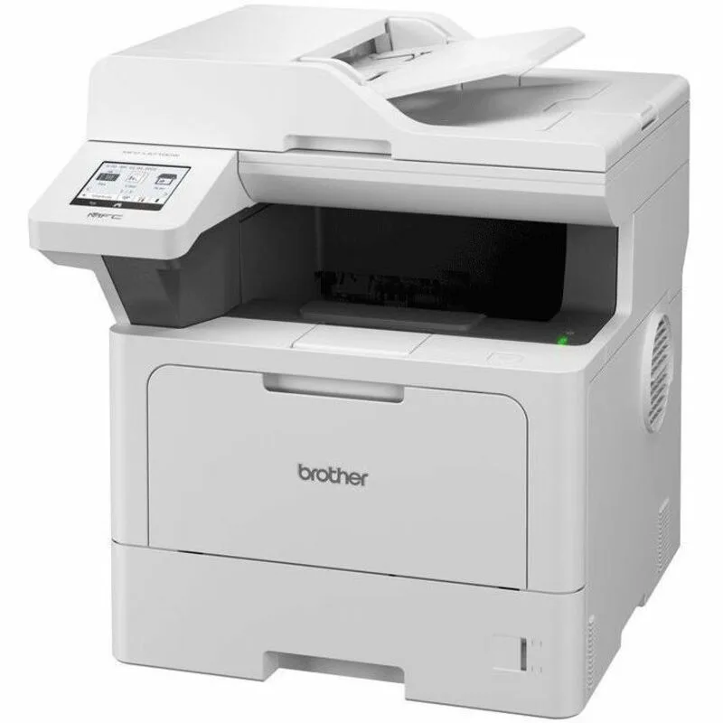 Rectangular white monochrome laser multifunction printer with flatbed scanner and control panel