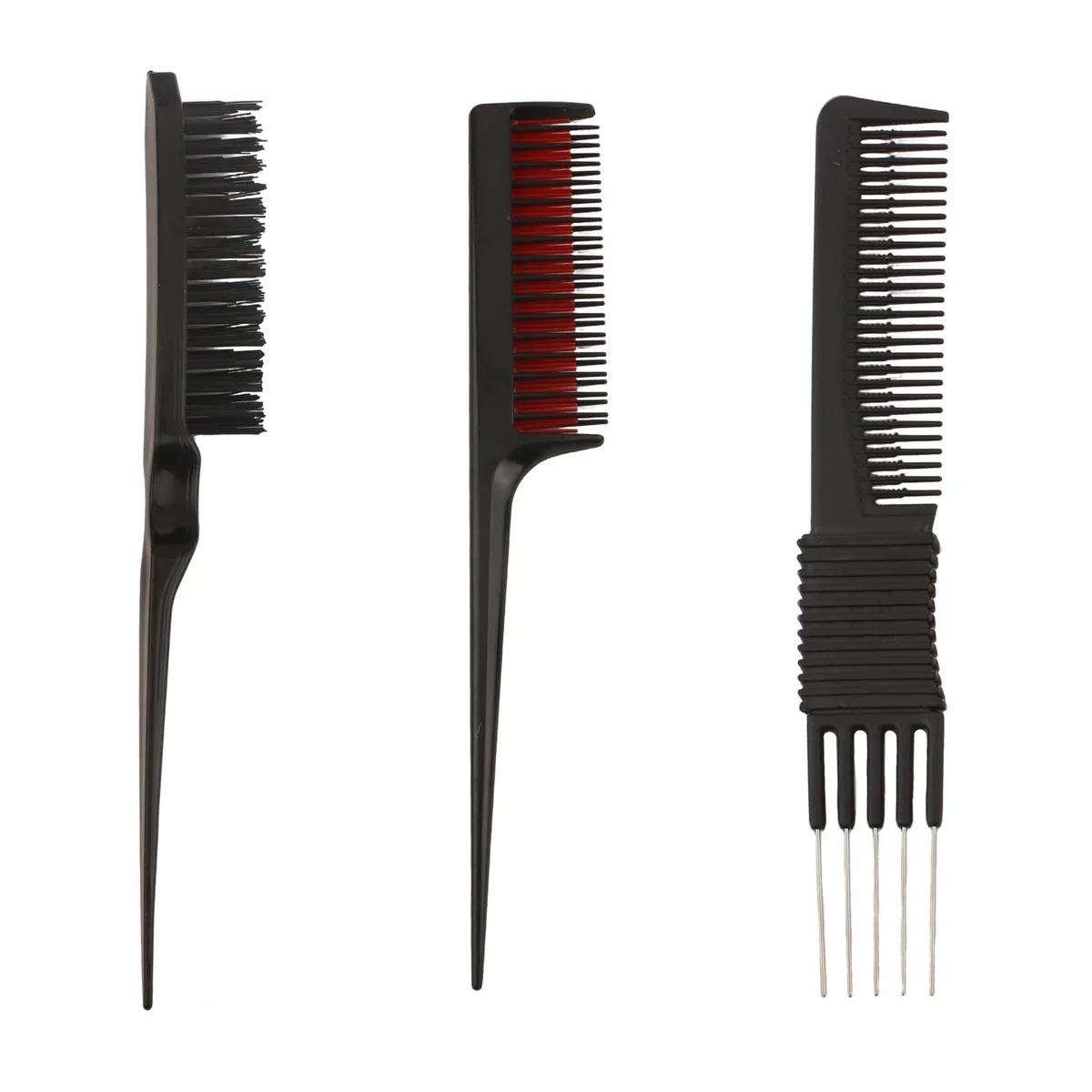  3 Pcs Hair Styling Comb Set, Black Carbon Fiber Lift Comb, Metal Pin Tail Comb, Nylon Bristle Hair Brush — product photo