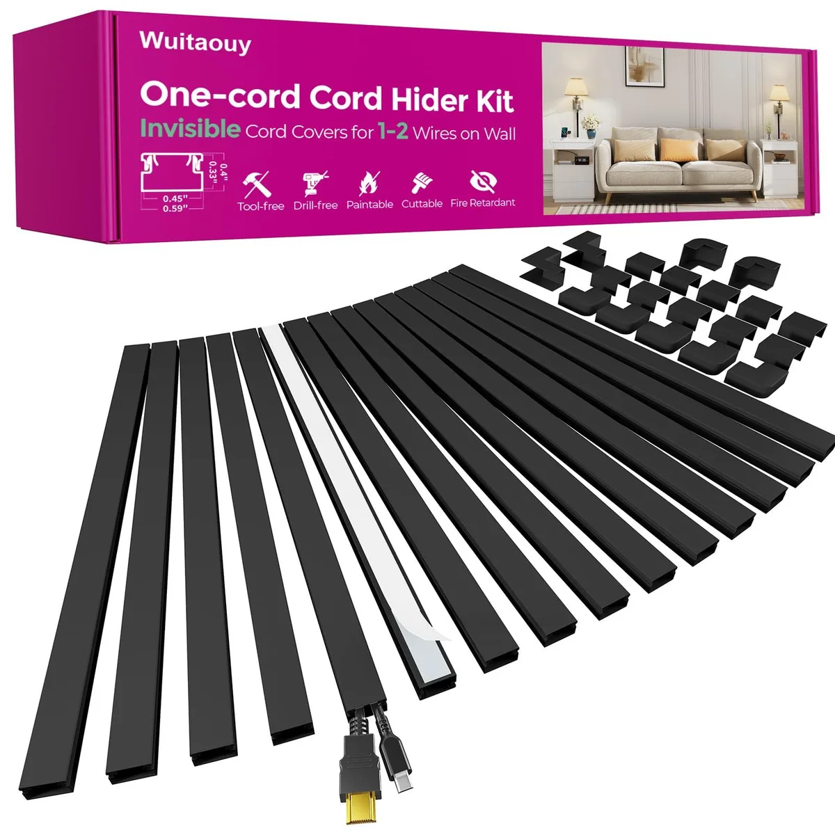  Wuitaouy Cord Hider 15P 212.6in Black Self-Adhesive PVC — product photo