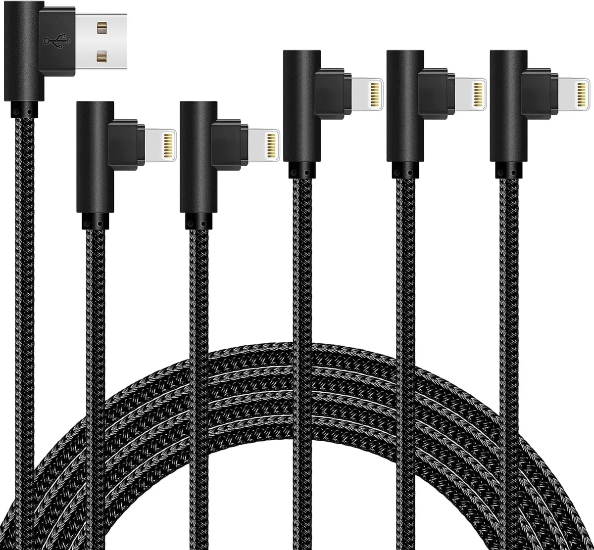 MCHOSE MCHOSE Lightning Cable 5 Pack 3/3/6/6/10FT Nylon Braided 90 Degree Black — product photo