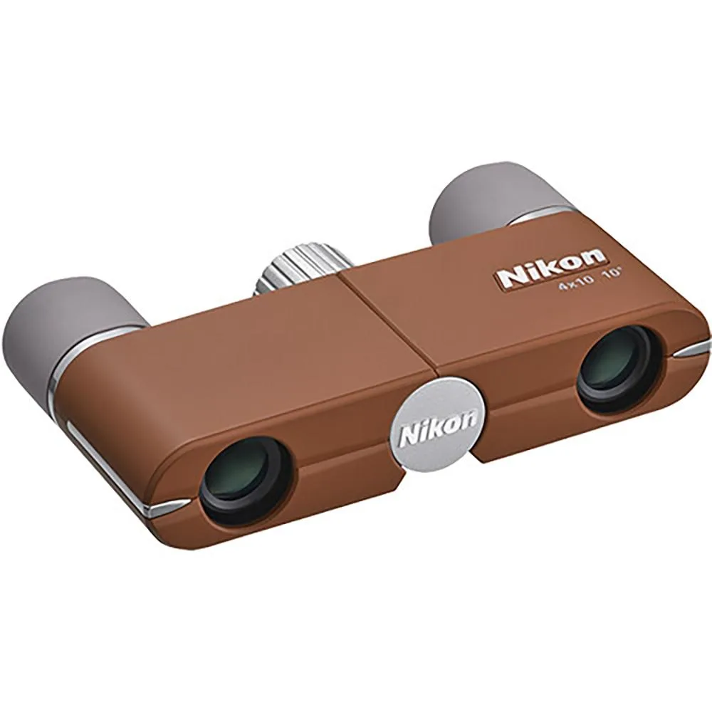 Amber brown pocket binoculars with leather-texture case and neck strap