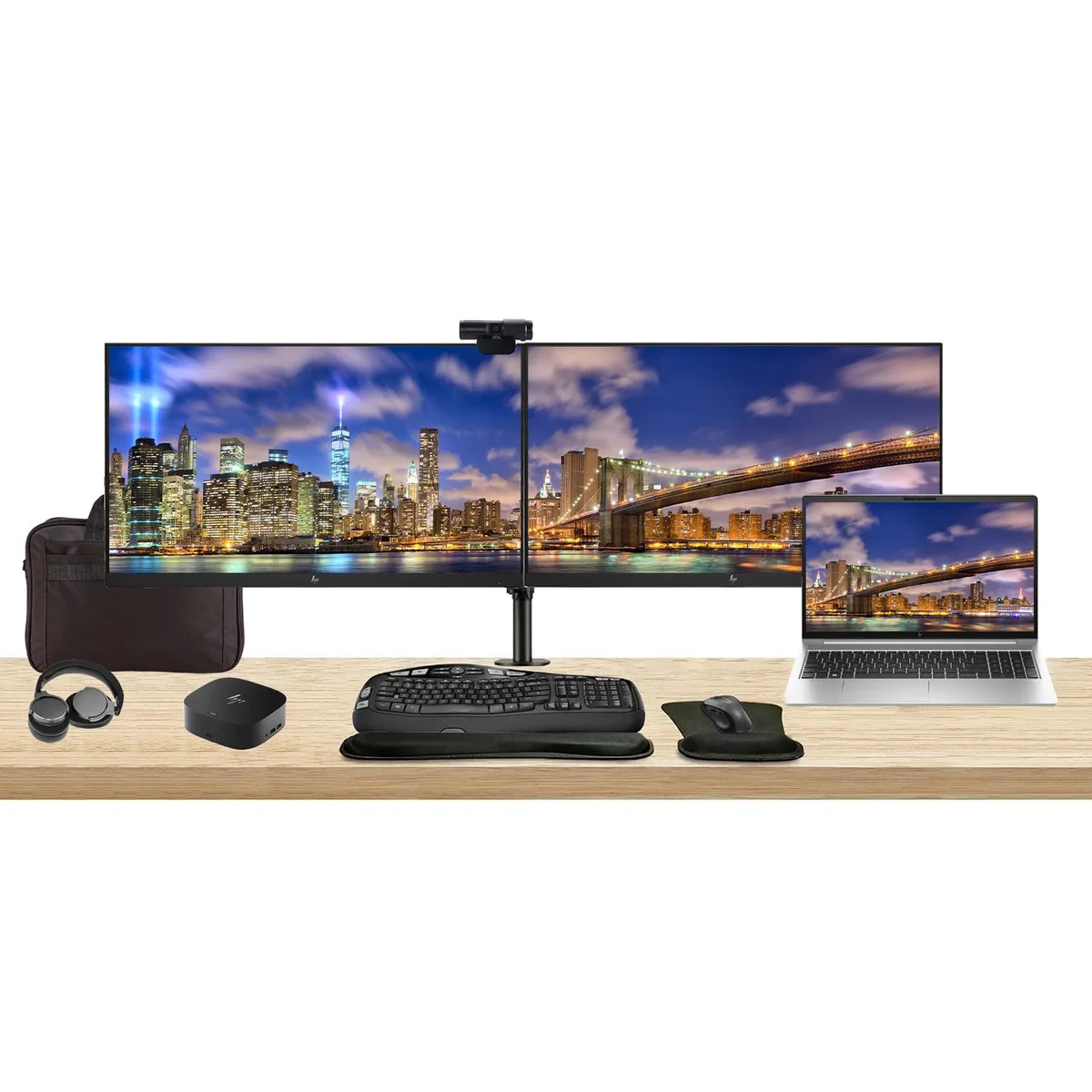 HP HP EliteBook 650 G10 15.6" i5-1345U 16GB 512GB bundle with 2 x 27" monitors, dock, peripherals, bag — product photo