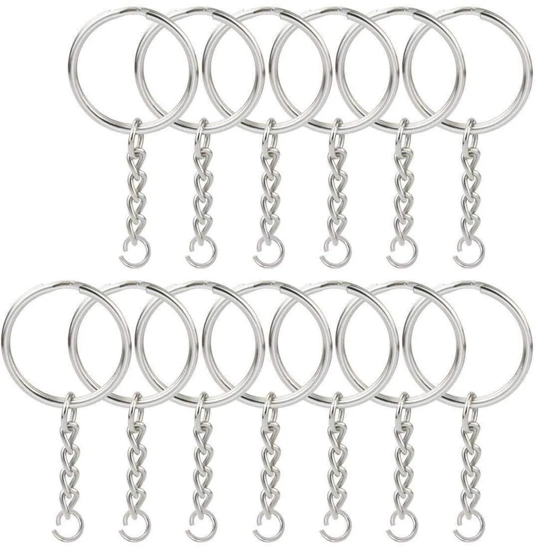 150 silver split keyrings with short chain and matching open jump rings in bulk packaging