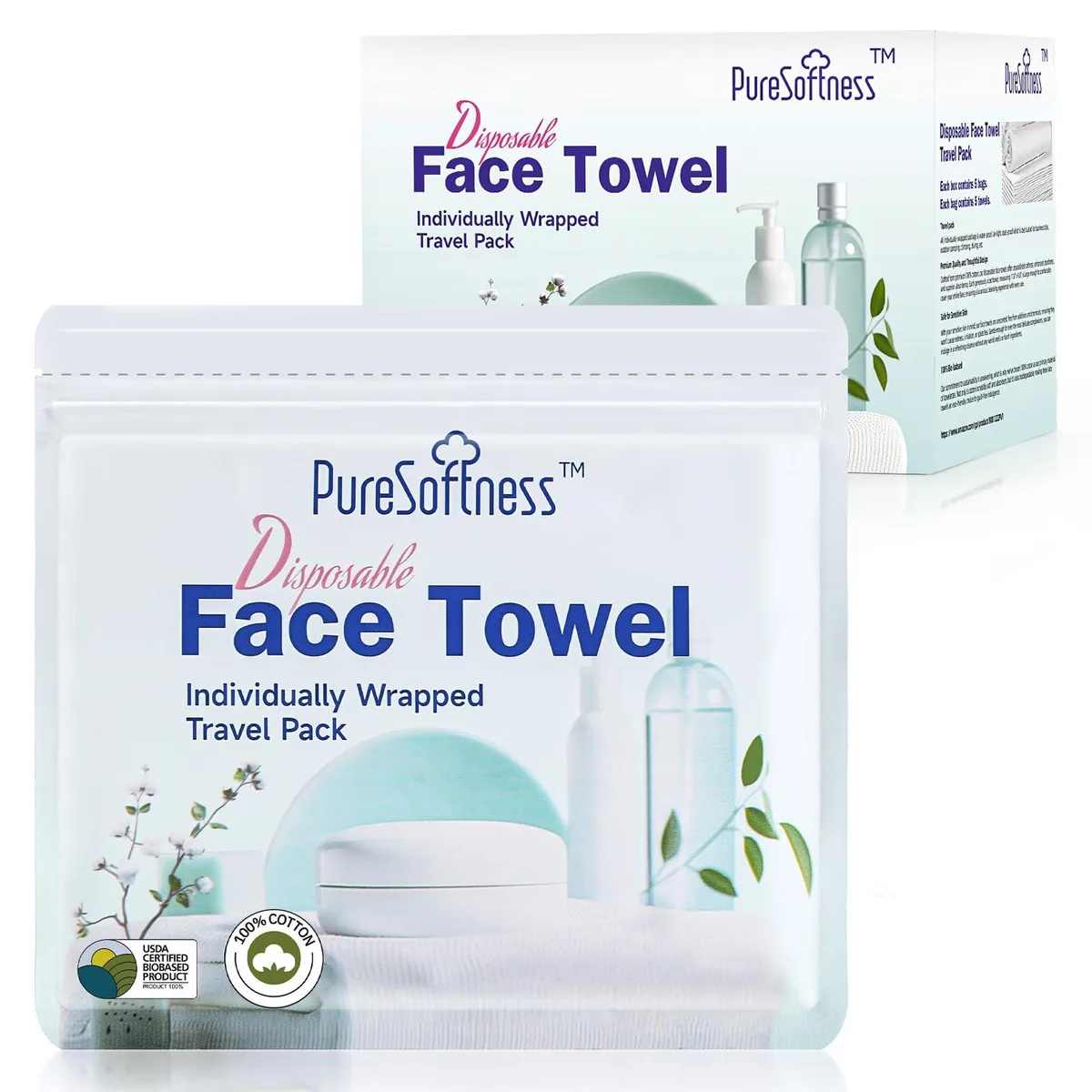 A re-sealable zipper bag holding five folded white cotton face towels