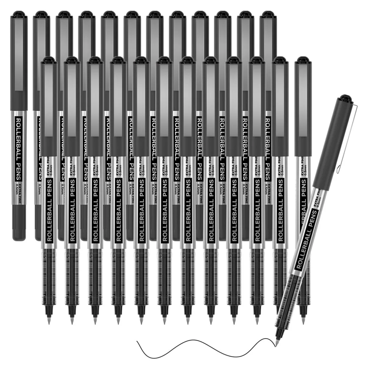 Box of 25 black rollerball pens with metal clips