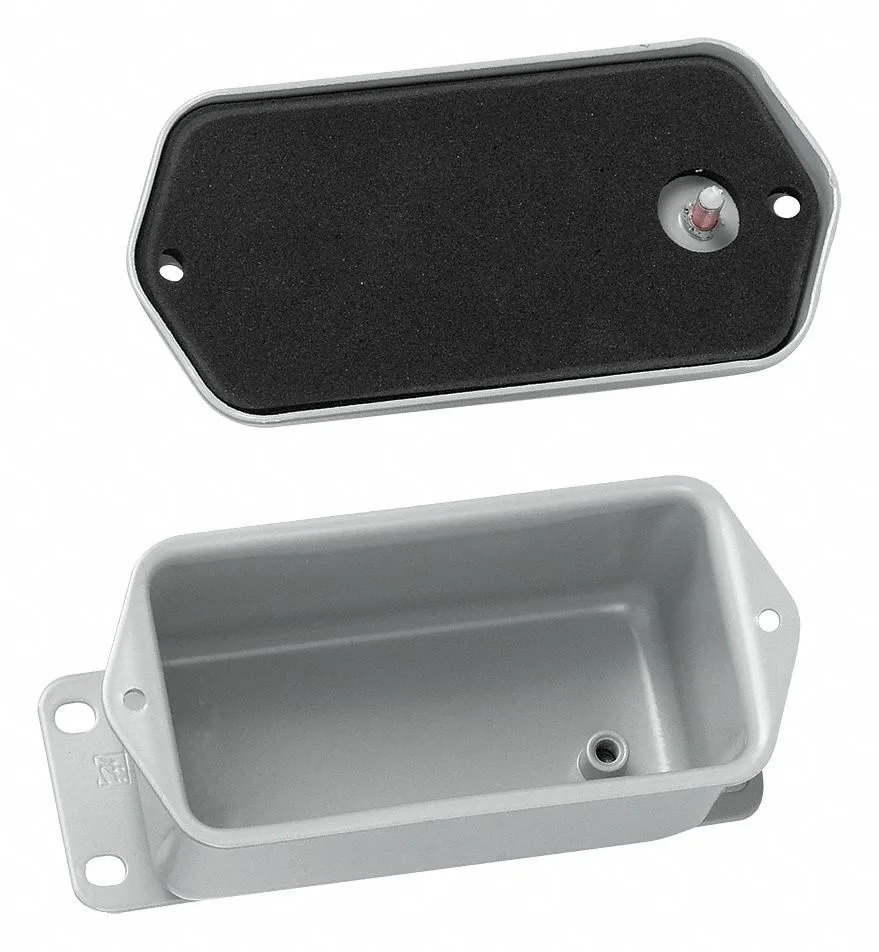 Gray powder-coated carbon steel electrical enclosure 4 in high 2.62 in deep with screw-on solid cover and mounting brackets