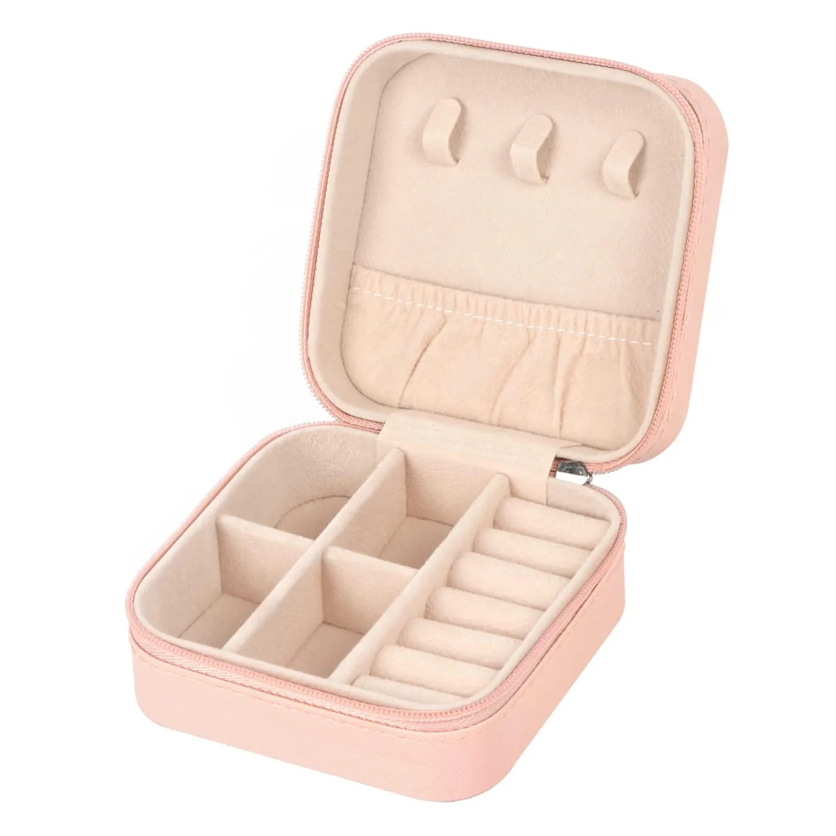 Square silver PU leather jewelry case, 3.9 inches, soft interior, zip closure