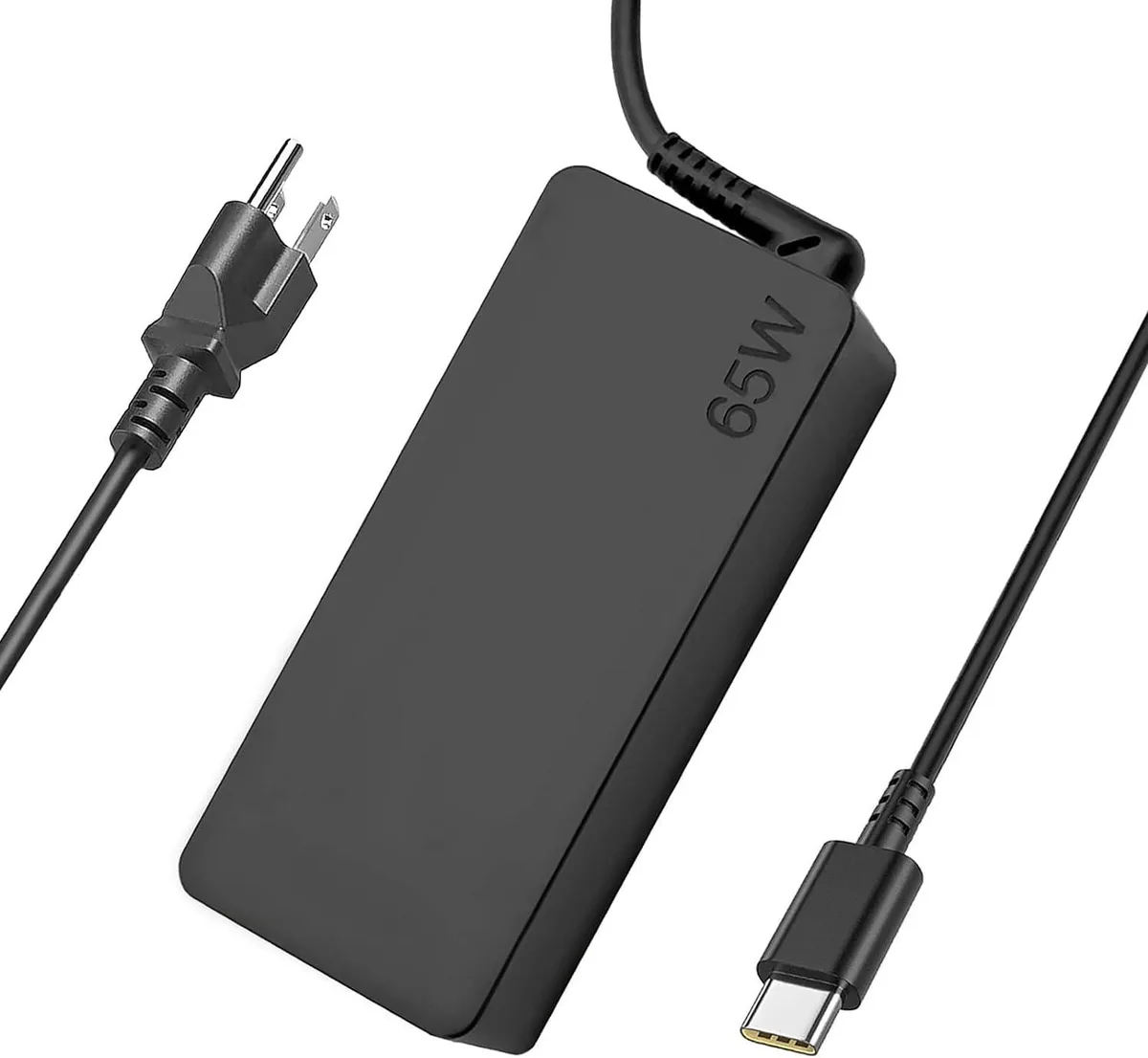 Compact black rectangular 65W USB-C power adapter with detachable cable