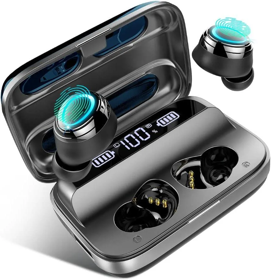 Pair of white in-ear wireless buds with matching USB-C charging case showing dual LED display