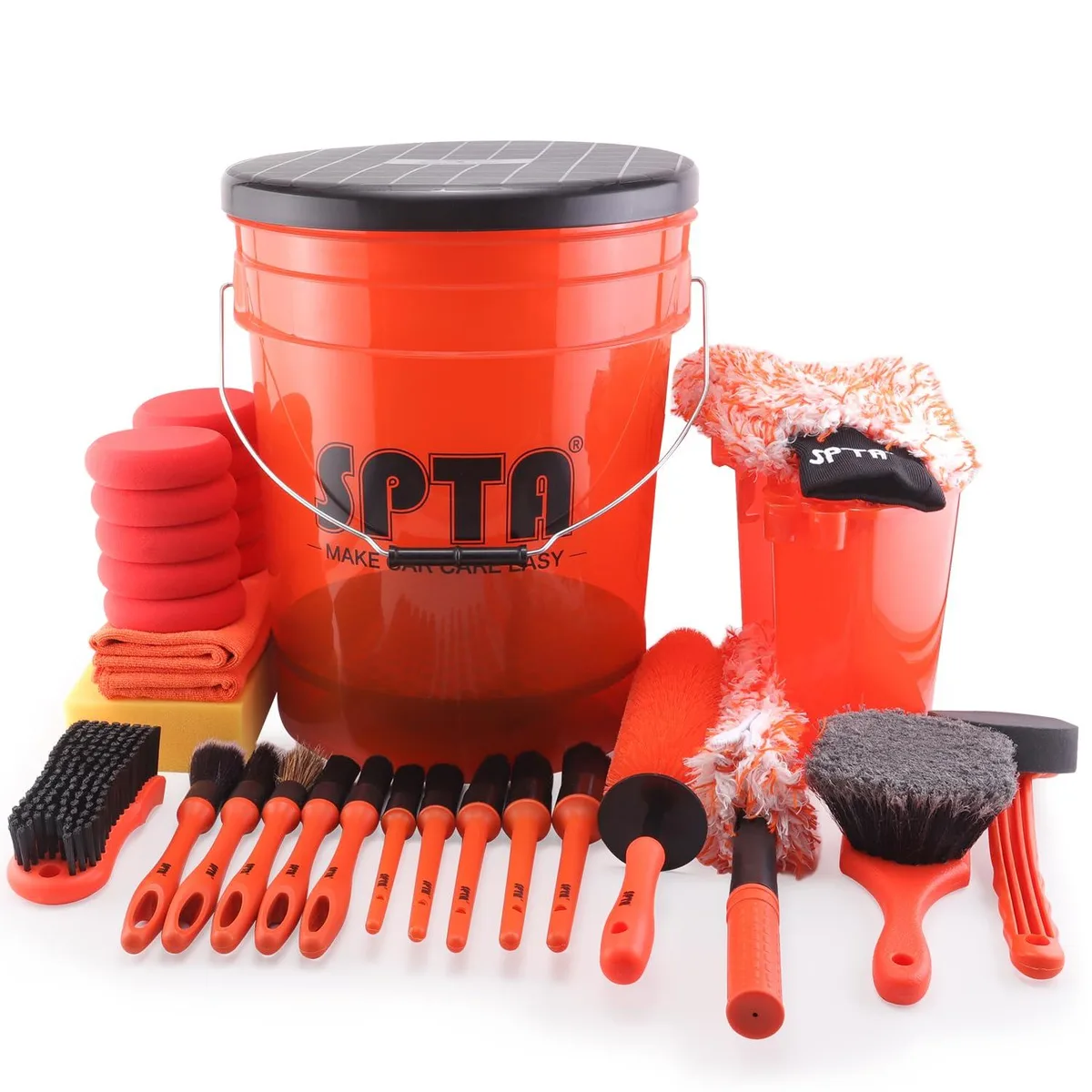 Blue 20L car wash bucket with 32-piece interior care set including mitts, brushes, and towels