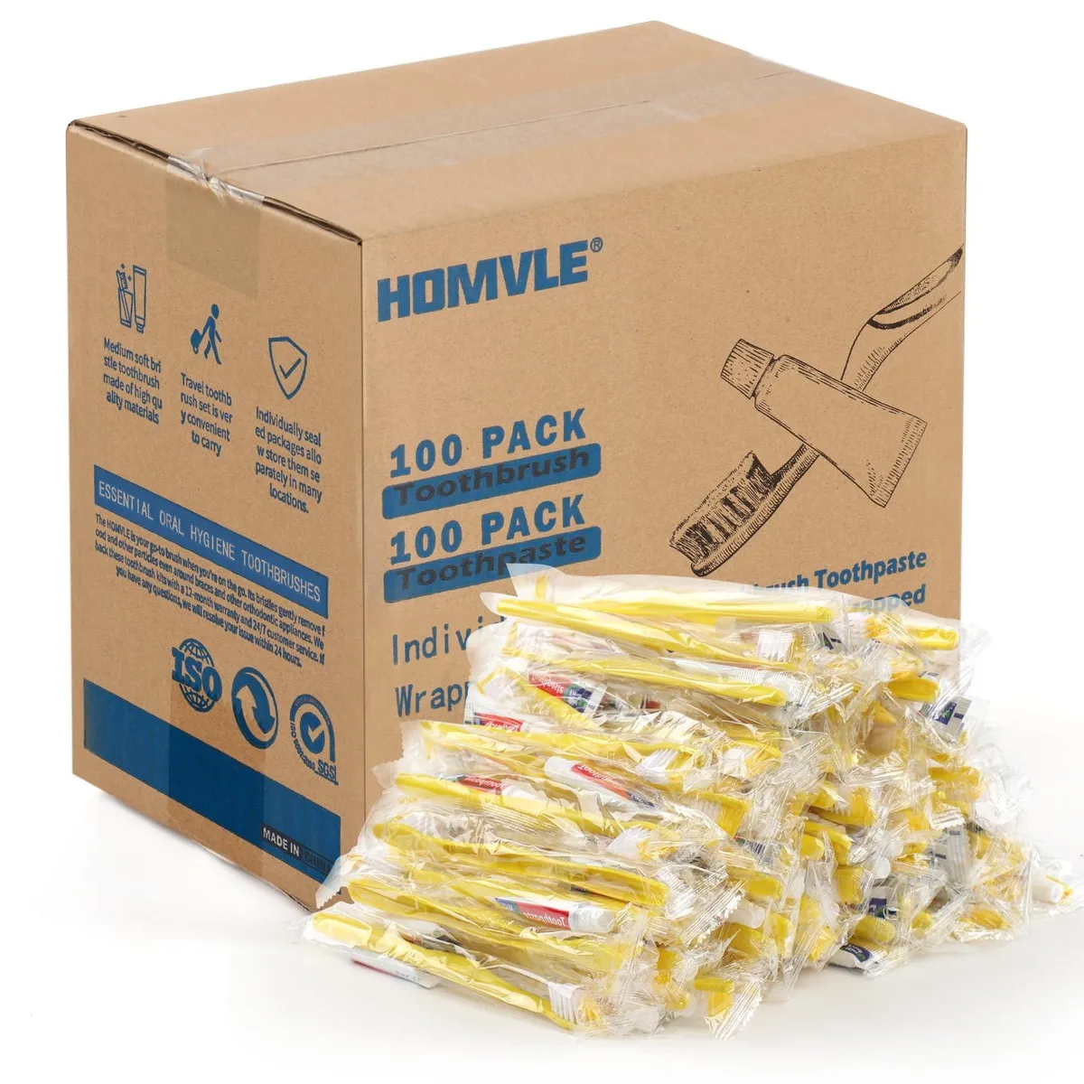 Yellow disposable toothbrushes with toothpaste, 100 individually wrapped packs