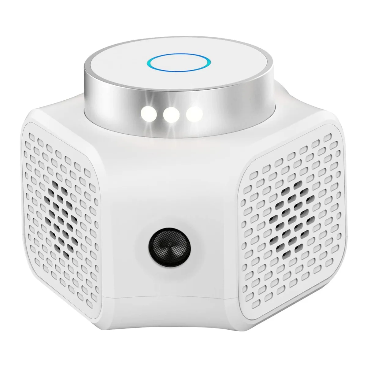 Small white plastic plug-in unit with front speaker grille