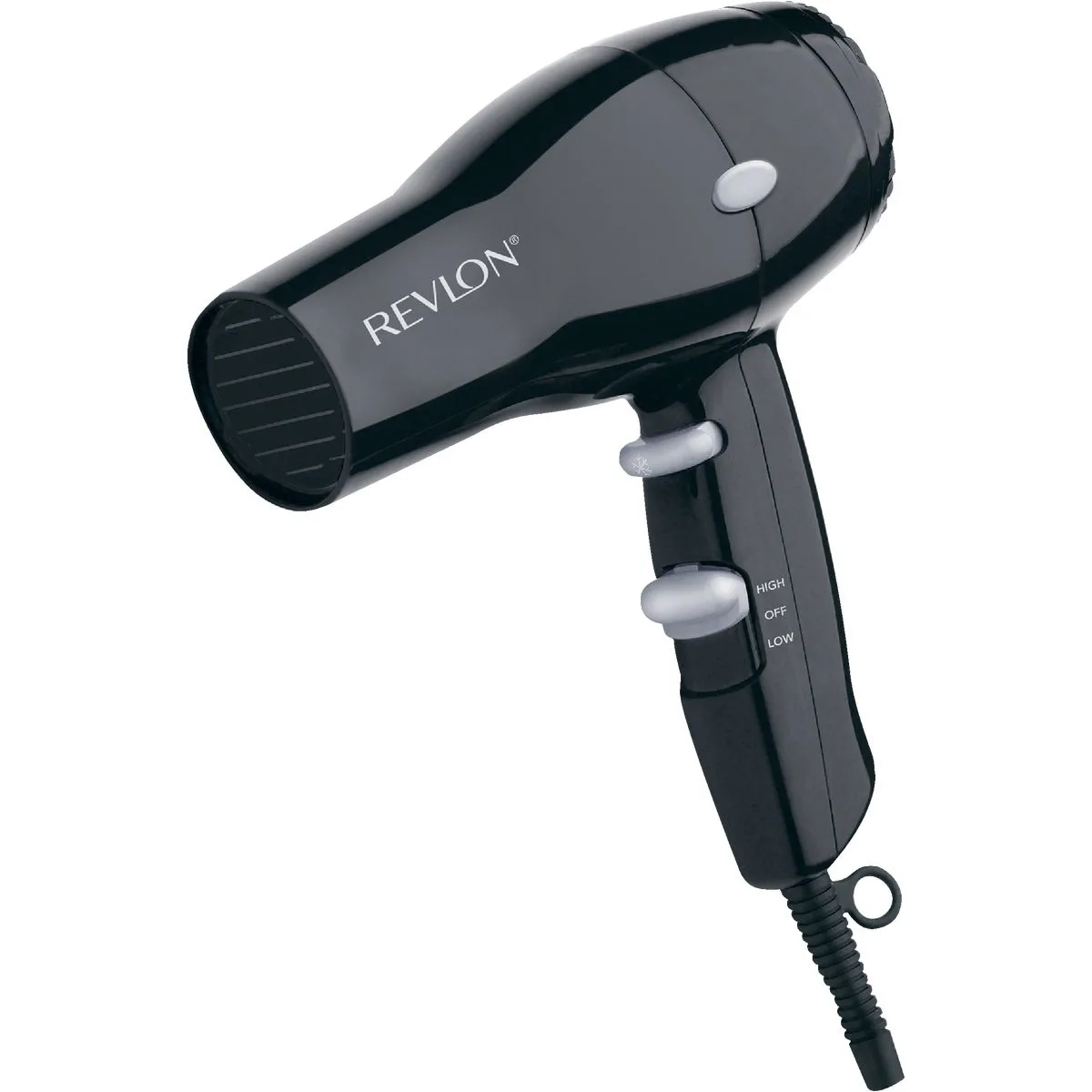 Black compact hair dryer with removable end cap and hanging ring