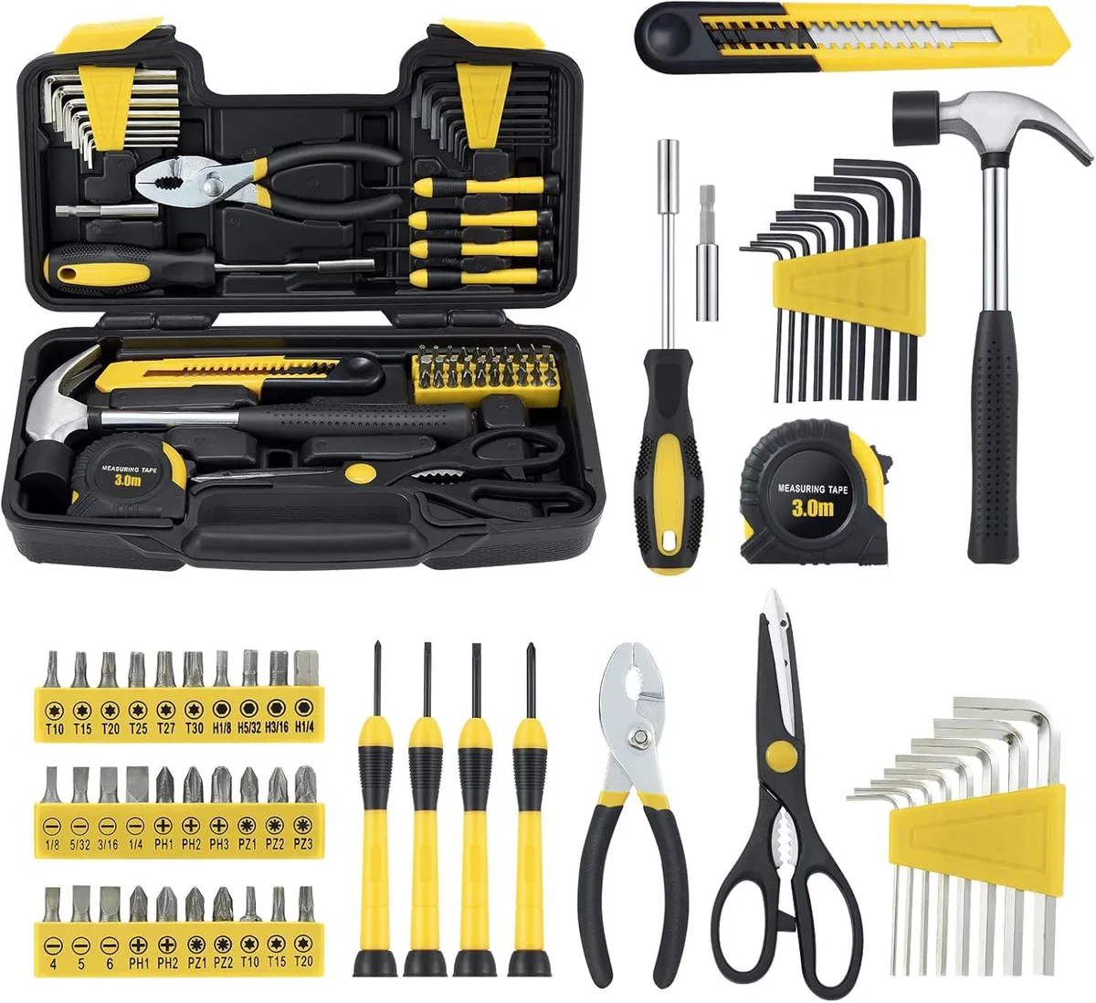 Yellow 58-piece hand tool kit in plastic storage case, 12.5 by 7.5 by 3 inches