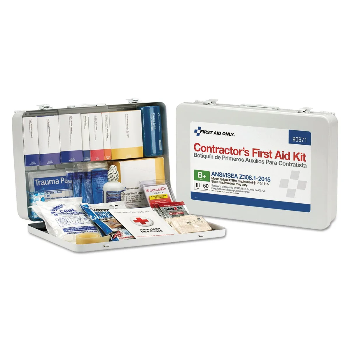 White metal first aid case with handle, wall-mountable, 254 pieces