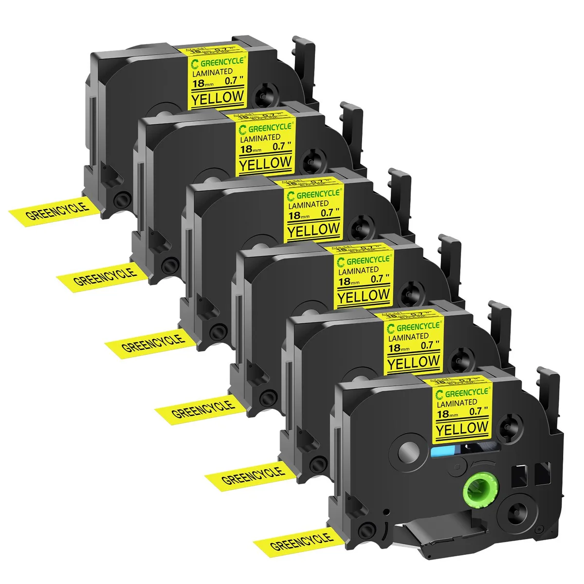 GREENCYCLE GREENCYCLE TZe-641 18mm Black on Yellow Laminated Tape 6 Pack labelmaker — product photo