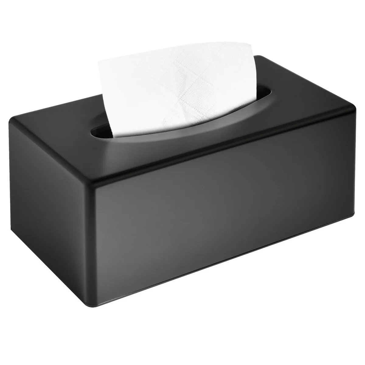 Matte black rectangular tissue box cover with bottom, rounded edges, ABS plastic, 9.5 by 5.5 by 4.3 inches