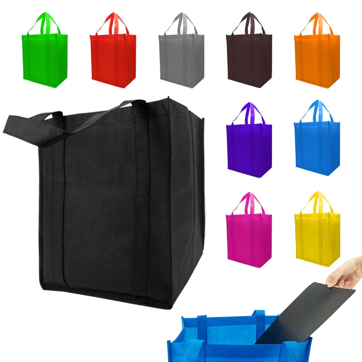 Ten beige foldable tote bags with reinforced handles and plastic bottom inserts