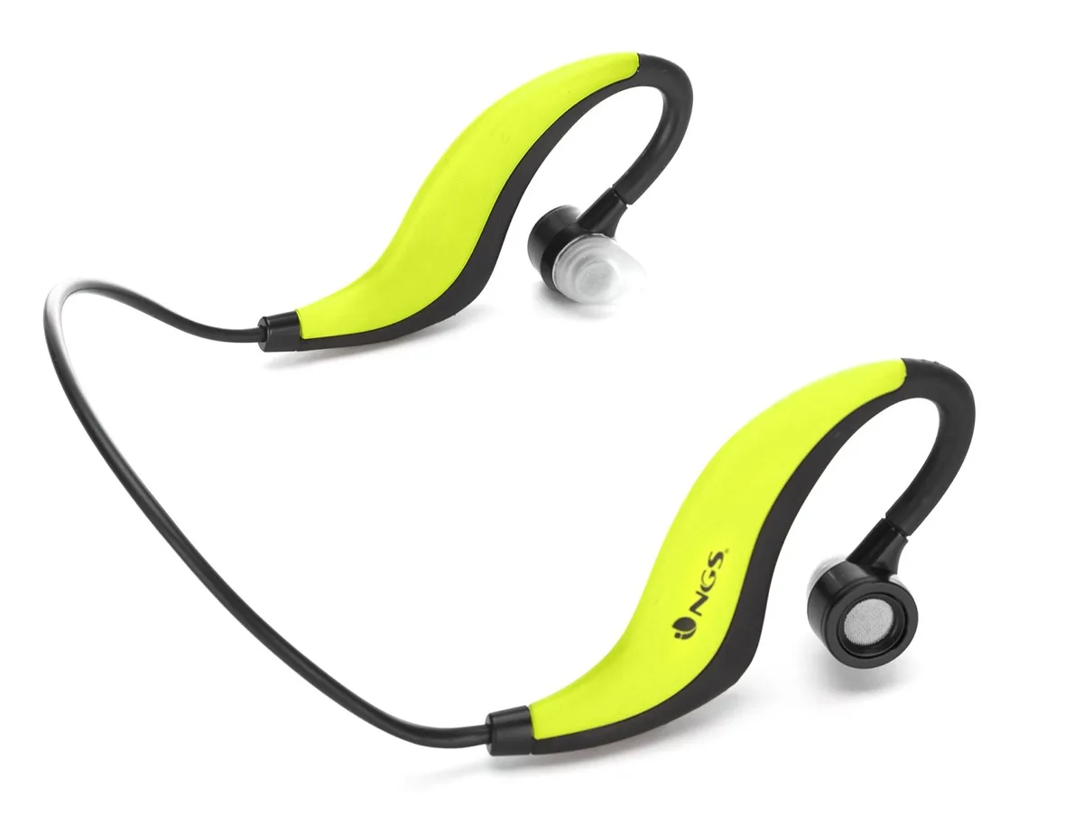 Yellow wireless earphones with ear hooks and inline controls