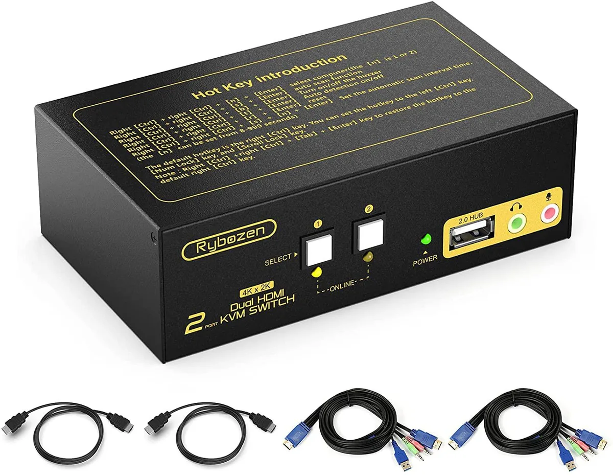 Rybozen Rybozen 2 Port Dual Monitor HDMI KVM Switch 4K@30Hz USB 2.0 Hub — product photo