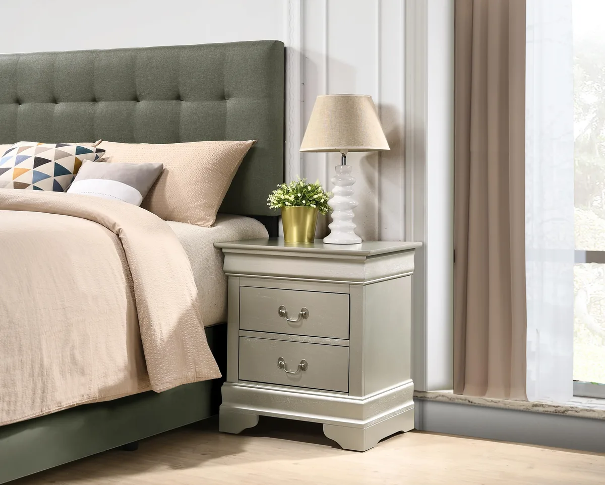 Rectangular nightstand in silver champagne finish, 24 inches high 22 wide 16 deep