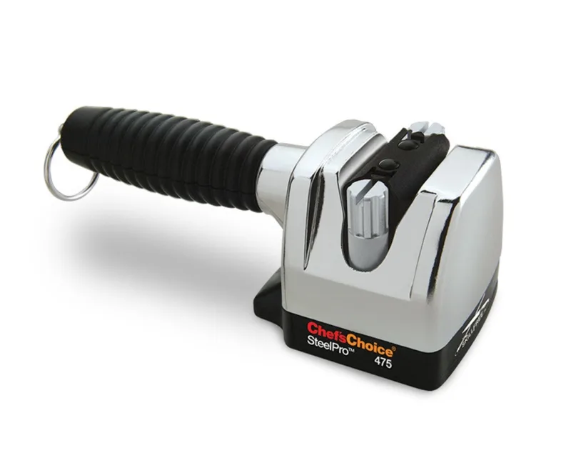 Chef's Choice SteelPro knife sharpener model 470, rugged cast metal housing with precise angle guides for 20 degree knives